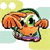 Pixelated cartoon character with large green eyes, orange fur, and a green headband, set against a light yellow and white background.