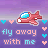 A 5x5 contact sheet of a pixel art animation featuring red airplanes flying over repeated text "fly away with me" on a purple gradient background with heart and star motifs.