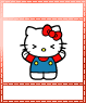 Hello Kitty avatar with red bow, blue overalls, and yellow buttons on white background.