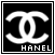 nine black-and-white pixelated icons featuring the Chanel double-C logo with varying text below each, showing animation changes in letter clarity and spacing