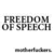 Pixelated grayscale text reads "FREEDOM OF SPEECH" in two lines with a small horizontal line below.