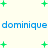 Pixelated blue text 'dominique dominique' appears twice on a light background with scattered green plus signs, some of which shift position between frames.