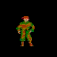 Pixelated character in green outfit with red accents performs sequential actions against black background.