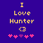 Yellow text on blue background reads 'I Love Hunter <3' with pink and purple heart symbols below.