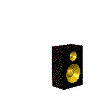 Black speaker with yellow drivers in various 3D orientations against a gray background.