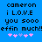 Blue background with black pixelated text reading "cameron i L.O.V.E you sooo effin much!!" and pink/purple heart symbols below.