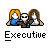Pixel art of three figures with white faces, orange and brown hair, blue and gray clothing, a red tie, and the word 'Executive' below them on a gray background.