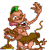 Pixelated character with green mohawk, brown loincloth, and pink neck accessory performs sequential actions against gray background.