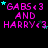 Pixelated text 'GABS<3 AND HARRY<3' in bright pink with cyan stars on black background, repeated in pattern with slight star position variations