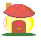Pixel art of a mushroom house with red spotted roof and brown door, transitioning to reveal a white rabbit-like character with blue gem on forehead.