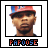 Pixelated portrait of a person wearing red and blue cap with white text, set against white background; below is pixelated text reading "PAPOOSE" in orange and blue.