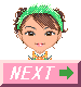 Pixel art avatar with green headband and brown hair, wearing orange and white patterned top, standing behind pink 'NEXT' sign with green arrow.