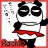 Pixelated cartoon character with black mask-like eyes, red sash, and dark limbs against white background with faint gray shapes.