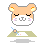 Pixel art hamster head with closed eyes, pink cheeks, and orange ears on gray background; one frame shows open eyes holding a heart card.