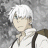 Pixelated static image of a character with white hair and light skin, wearing a white garment with dark straps, set against a gray background.