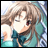 Pixelated anime-style character with light brown hair and red eyes, wearing a teal outfit with a bow, positioned against a blurred background with blue and white tones.