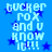 Blue background with white pixelated text reading 'tucker rox and u know it!!!' repeated in four quadrants, each surrounded by dark blue stars.