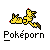 Pixel art of two yellow cartoon creatures with brown tails and red cheeks, running side-by-side beneath white text reading "Poképorn" on a gray background.