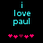Pixelated cyan text 'i love paul' on black background with pink and magenta heart symbols below, two variations of heart arrangement visible.