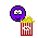 Purple circular character with white eyes and yellow popcorn bucket, displaying multiple expressions including smiling, winking, and eating popcorn.