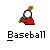 Pixelated static icon of a baseball player in red uniform holding bat with white ball, below text "Baseball" on gray background.