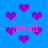 Blue background with scattered purple hearts and pink text reading 'Iove ell' in multiple positions.