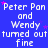 Blue background with white text repeating 'Peter Pan and Wendy turned out fine' in a pattern, interspersed with small pink stars