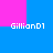 Four identical pixelated text instances of 'GillianD1' arranged in a on a blue background with pink corner sections