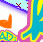 Pixelated abstract composition with diagonal color gradients, orange L-shape on left, red X-like symbol near top center, and multicolored border elements.