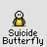 Animated contact sheet of a yellow stick figure icon with multiple frames showing butterfly effects, explosions, and silhouette transitions against gray background.