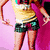 A pixelated image of a person in yellow top and green shorts against pink background with text "PEACE LOVE AND PARTY" on right side.