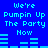 Blue background with cyan pixelated text repeating 'We're Pumpin Up The Party Now' and horizontal bar graphs, animated to shift positions.