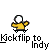Pixelated yellow figure with white head performs actions on gray background beneath repeated text "Kckflip to Indy".