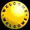 Yellow spherical icon with 'WELCOME' text rotating around its circumference, displaying of animation showing text and swirl patterns