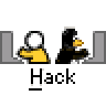 Pixel art contact sheet showing two animated frames of a buddy icon with stick figures and a penguin mascot, red text 'badassbuddy.com', and the word 'Hack' below each frame.