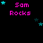 Pixelated text "Sam Rocks" in pink with cyan stars on black background, showing animation changes across frames.
