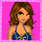 Pixelated character with brown curly hair and green eyes wearing a blue halter top, standing against pink background.