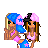 Pixel art buddy icon featuring two cartoon girls in pink and blue outfits with text about friendship, set against a white background with gray transparency area.