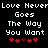 Pixelated text reads "Love Never Goes The Way You Want" with red heart symbols below, displayed in two identical side-by-side on a black background