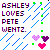 Pixelated text reads 'ASHLEY LOVES PETE WENTZ' with blue diagonal lines and green squares on white background, plus three pixel hearts.