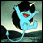 Pixelated blue cartoon character with black hair and white horn stands on water, arms raised, mouth open in smile, tail curled behind.