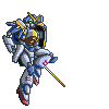 Pixel art of a mecha robot in blue, white, and red with yellow accents holding a long spear-like weapon across multiple poses.