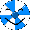 Blue and white segmented circular icon with a smiling face, closed eyes, and a blue center dot on a gray background.