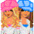 A 50x50 pixel animated buddy icon featuring two cartoon girls with pink and blue head coverings on the left, next to a yellow background with orange text reading "kelby+ ally= bff" on the right.