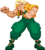 Pixel art character in yellow sleeveless top and green cargo pants, shown in six sequential poses with clenched fists and varied arm positions against gray background.