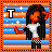 Pixel art character with long black hair and orange skin wears white shirt and checkered pants, standing against striped background with white stars and black 'T' symbol.