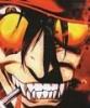 Static anime-style buddy icon featuring a character with black hair, yellow eyes, and an exaggerated wide grin showing teeth, set against a red background with orange accents.