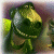 A pixelated green and yellow creature with a rounded body, large eyes, and a small mouth, set against a blurred background of purple and brown tones.