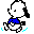 Pixelated character with white head and black ears, blue shirt, and white pants, shown in four sequential poses with cyan motion effects on a gray background.