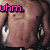 A shirtless man's torso with visible chest hair and a navel, holding dumbbells in both hands against a dark background.